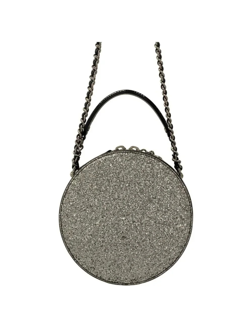 Chanel Shoulder Bag Silver Black 2-Way Chain Round Leather